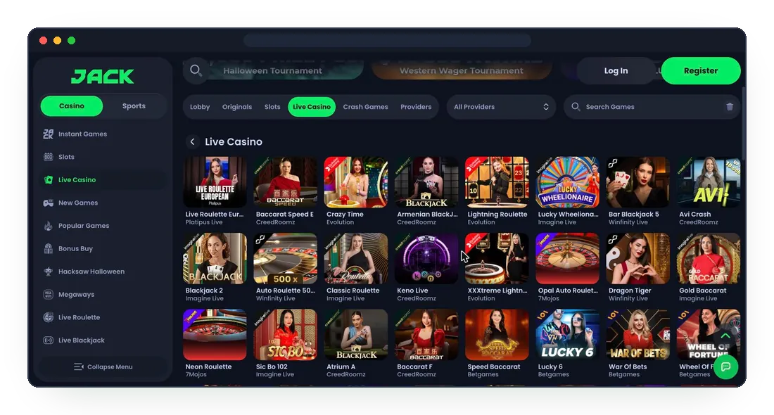 JackBit Live Casino tab with Crazy Time, Lightning Roulette and live blackjack tables