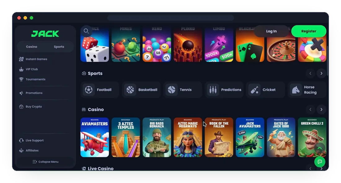 JackBit homepage rows for Originals, Sports and Casino games
