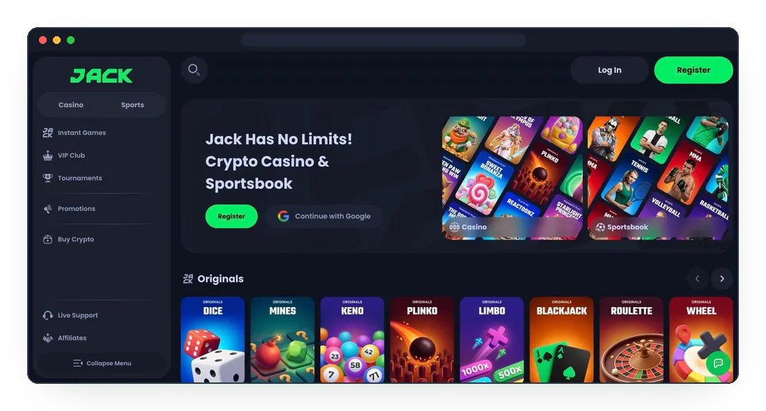 JackBit Casino lobby with the Jack Has No Limits banner, Register button and Originals row