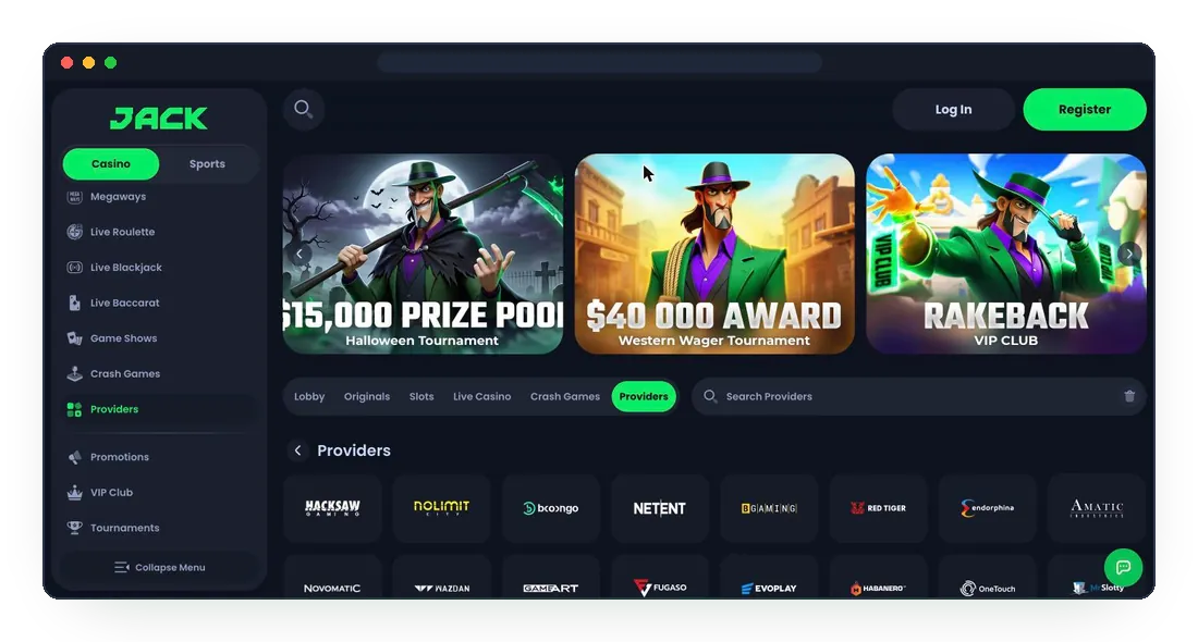 JackBit Providers tab with Hacksaw, Nolimit City, Booongo, NetEnt and BGaming logos