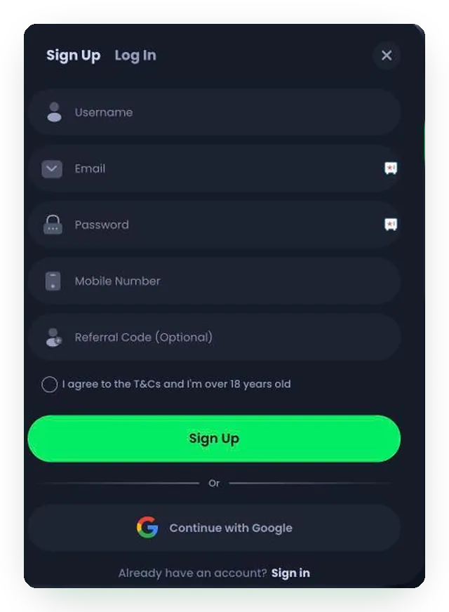 JackBit sign-up form with username, email, password, mobile number and referral code fields