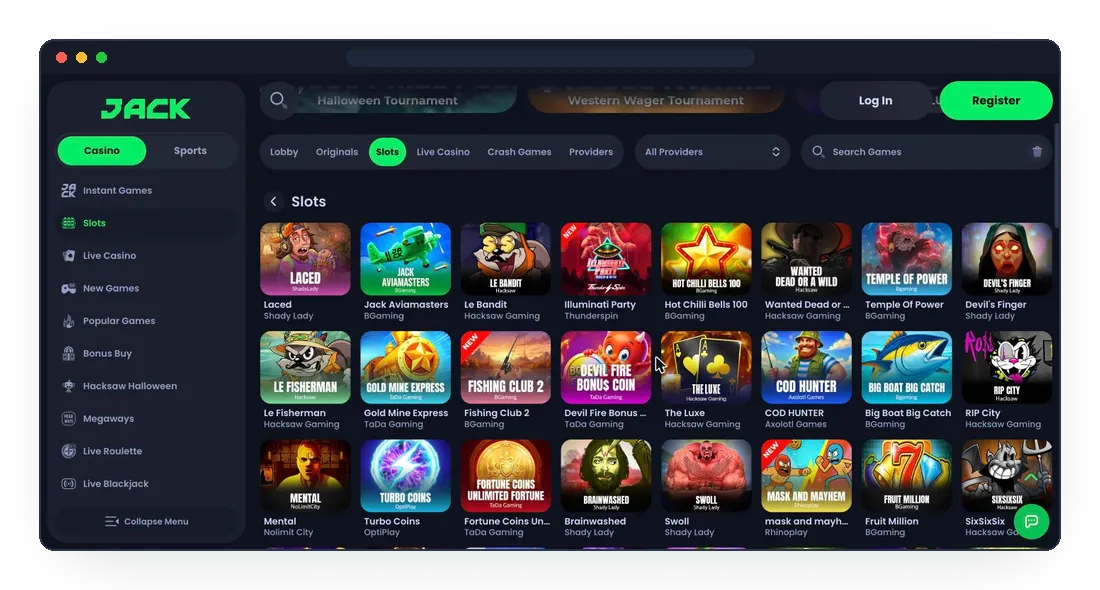 JackBit Slots tab with Laced, Jack Aviamasters, Le Bandit and Wanted Dead or a Wild