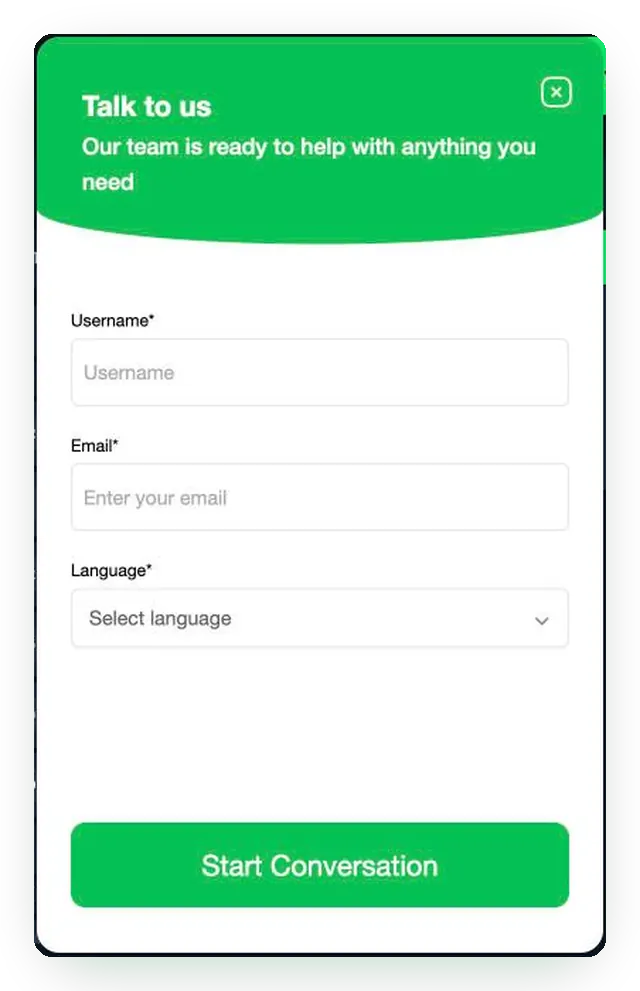 JackBit live chat panel Talk to us with username, email and language fields