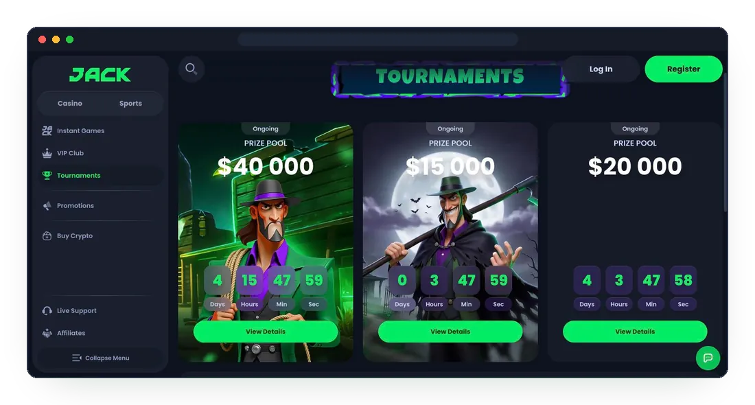 JackBit tournaments page with prize pools and live countdown timers