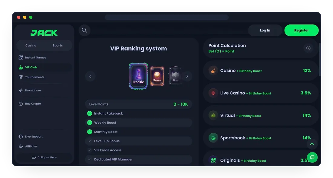 JackBit VIP Ranking system with Rookie, Bronze and Silver cards and the point calculation panel